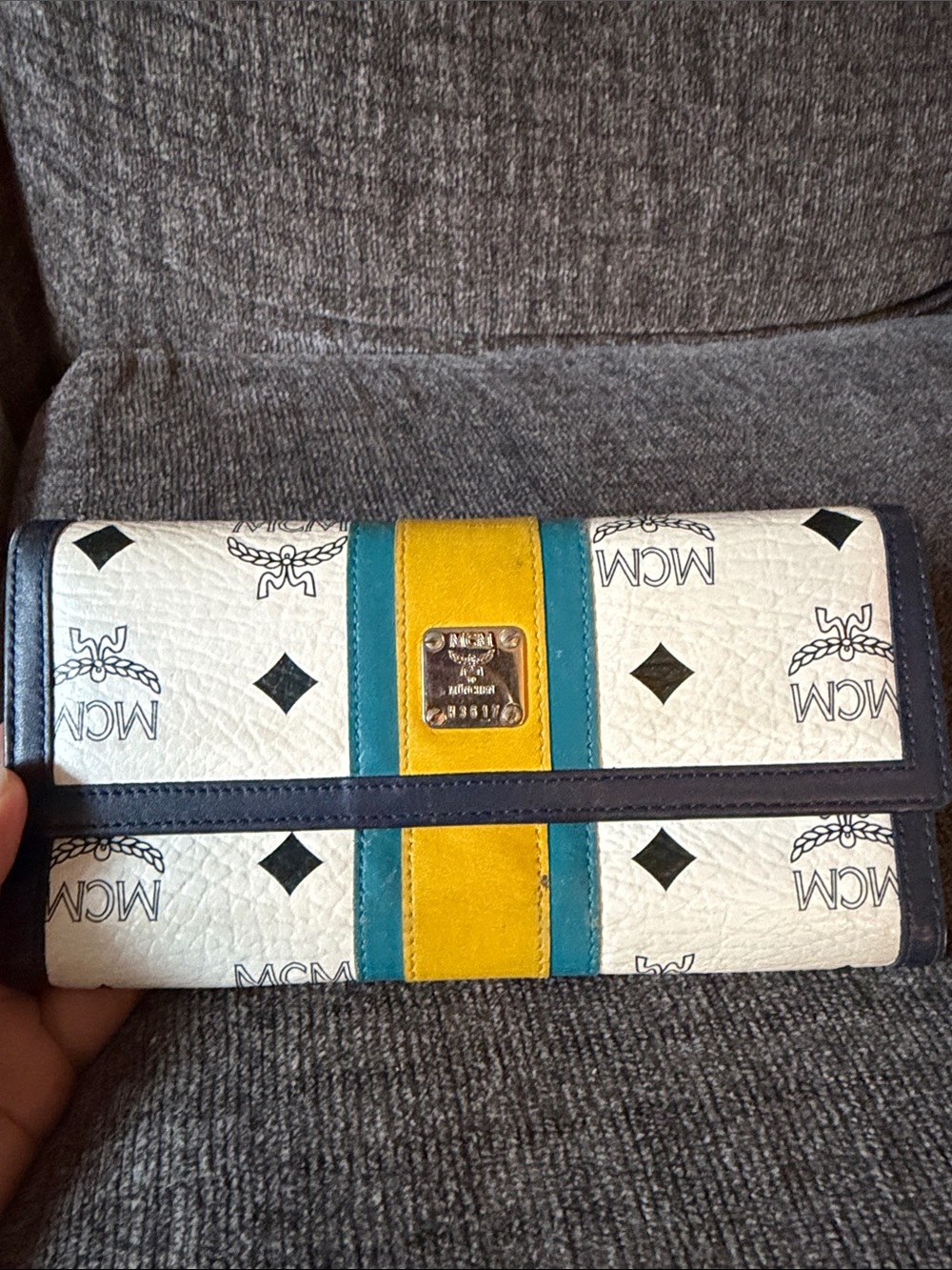 MCM White Logo Continental Wallet with Yellow and Teal Center Stripe